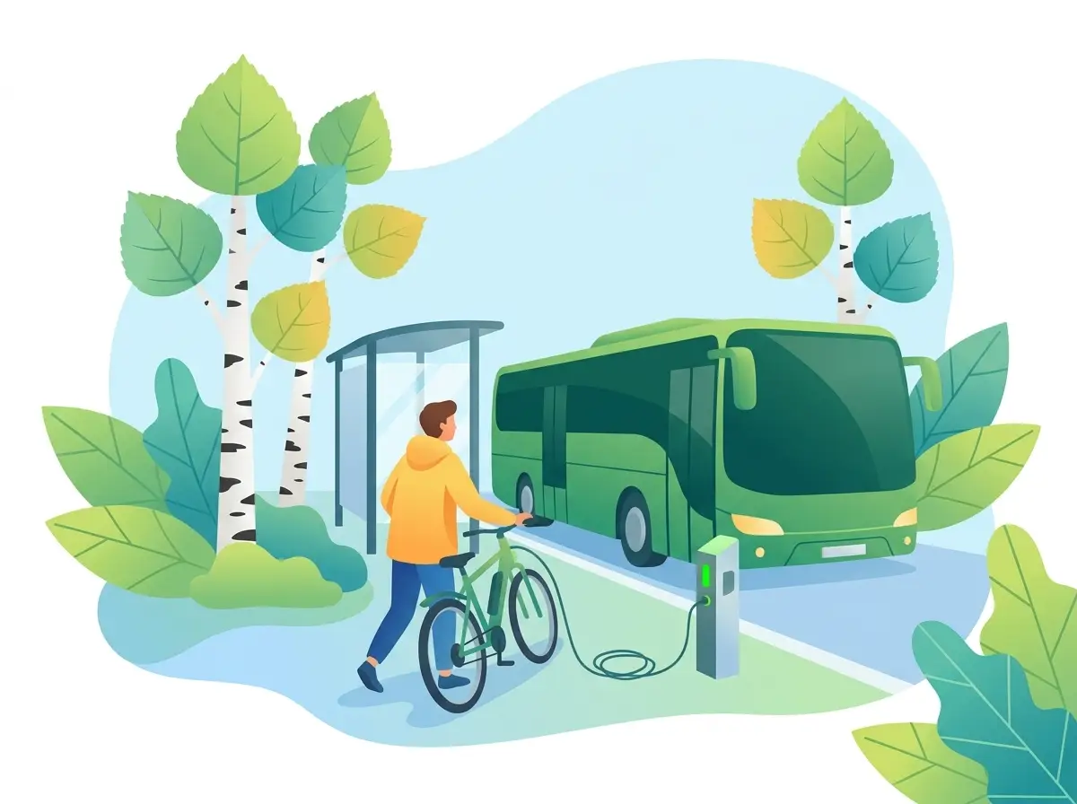 En person leder en elcykel mot en busshållplats där en grön buss stannar